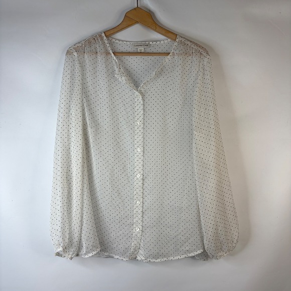 Coldwater Creek Tops - Coldwater Creek Blouse Women 1X White Black Polka Dot Flocked Sheer Button Up
